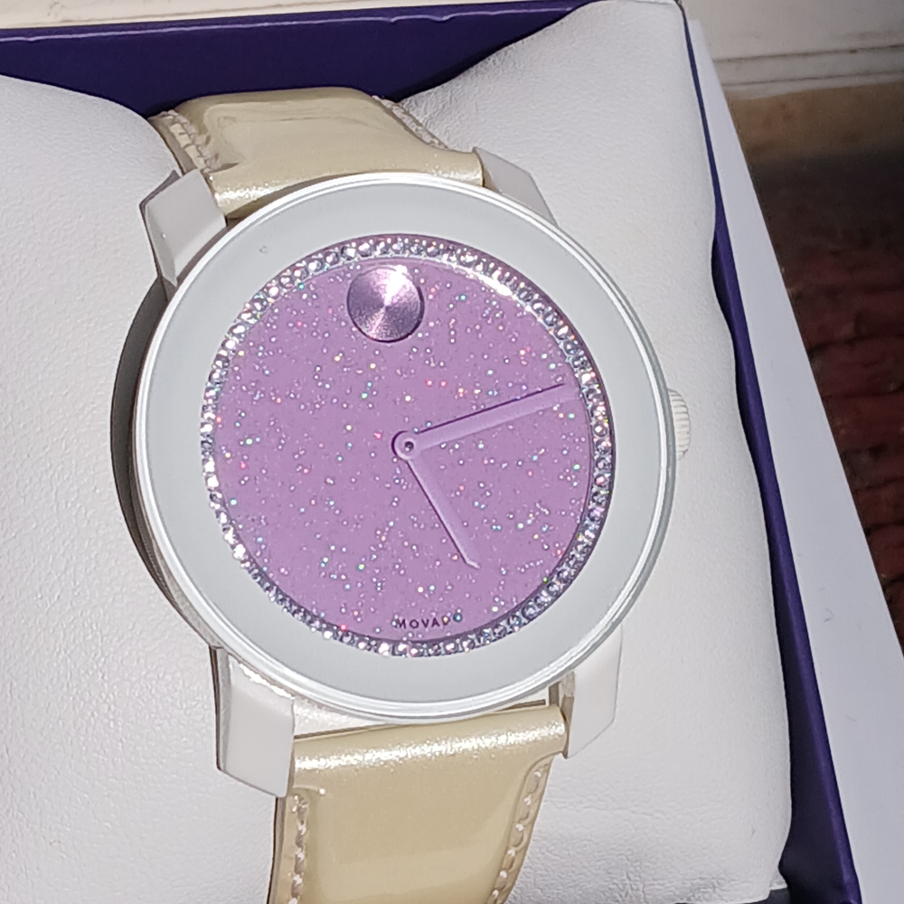 Movado Bold Lavender Dial Patent Leather Strap Ladies Watch 3600219: